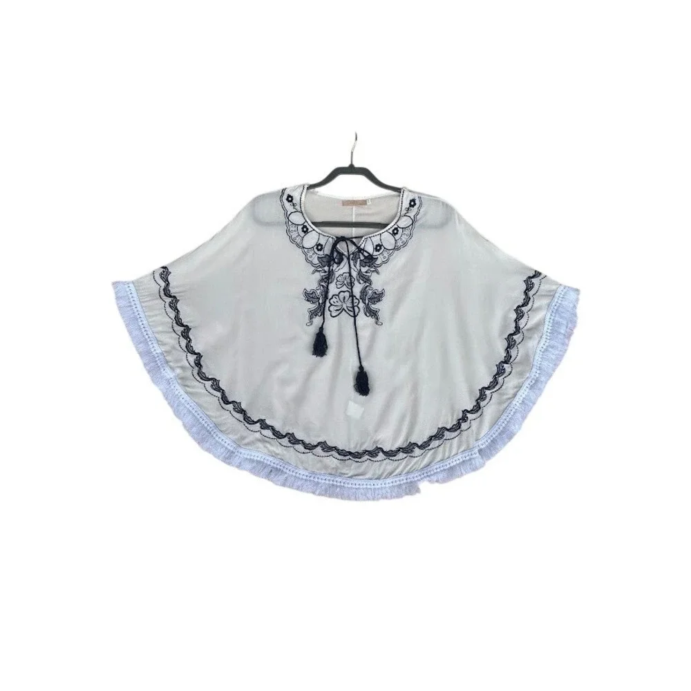 Yasiqi Fashion Womens White‎ Navy Blue Floral Embroidered Fringe Poncho One Size